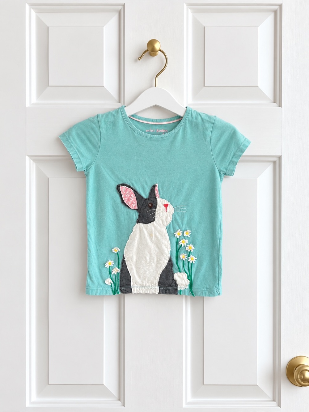 Mini Boden Girls Bunny Rabbit Appliqué T-Shirt Aqua Blue Size 5-6Y